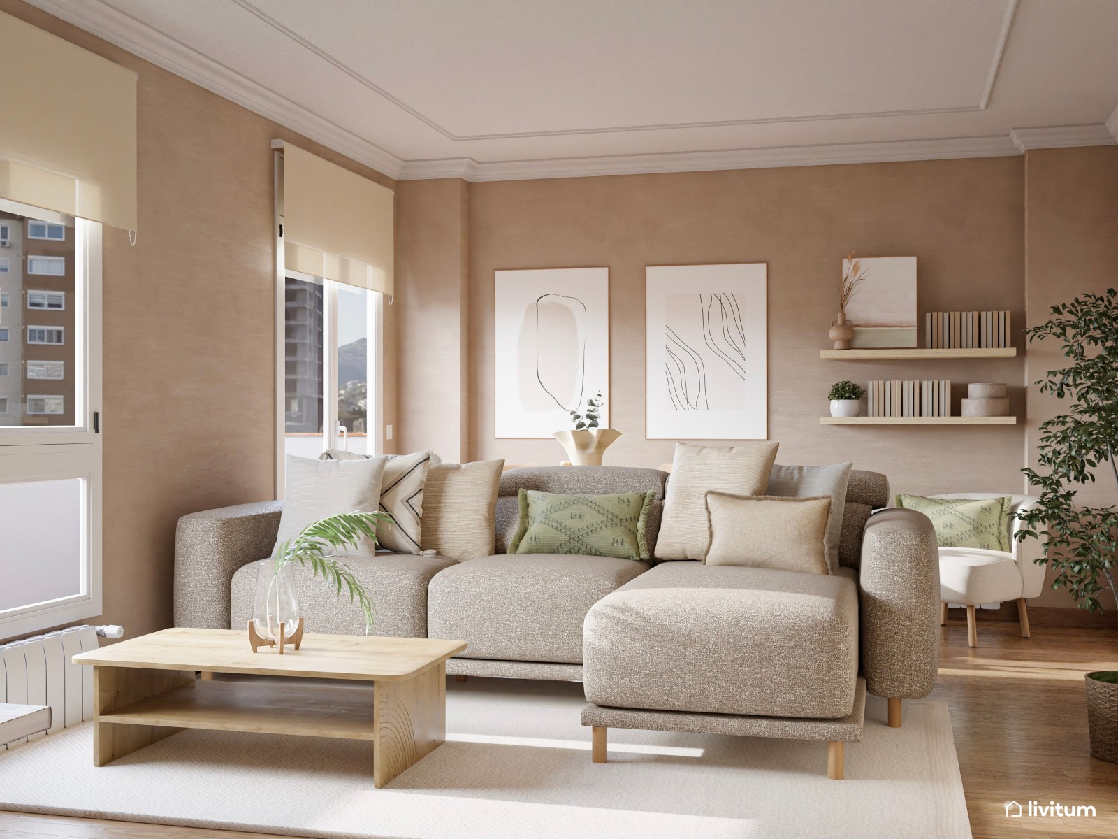 Salón comedor pequeño, nórdico y en  tonos tierra 