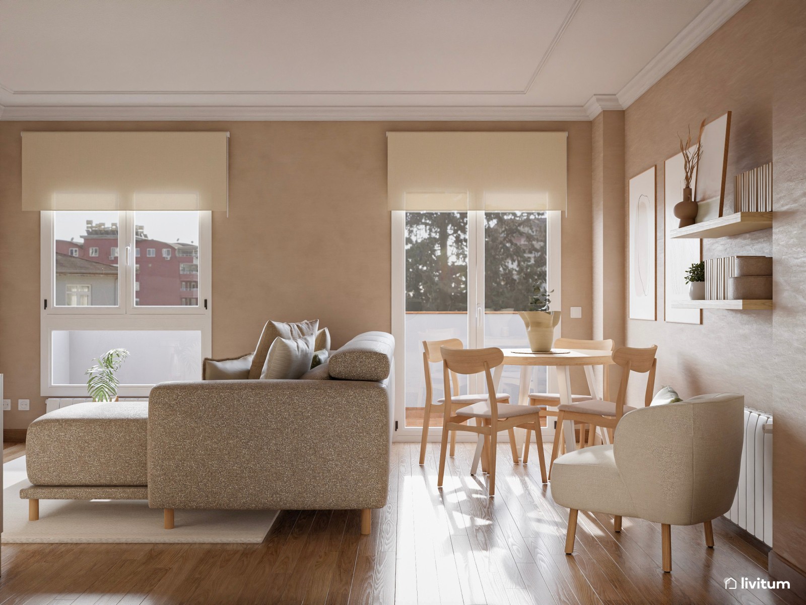 Salón comedor pequeño, nórdico y en  tonos tierra 