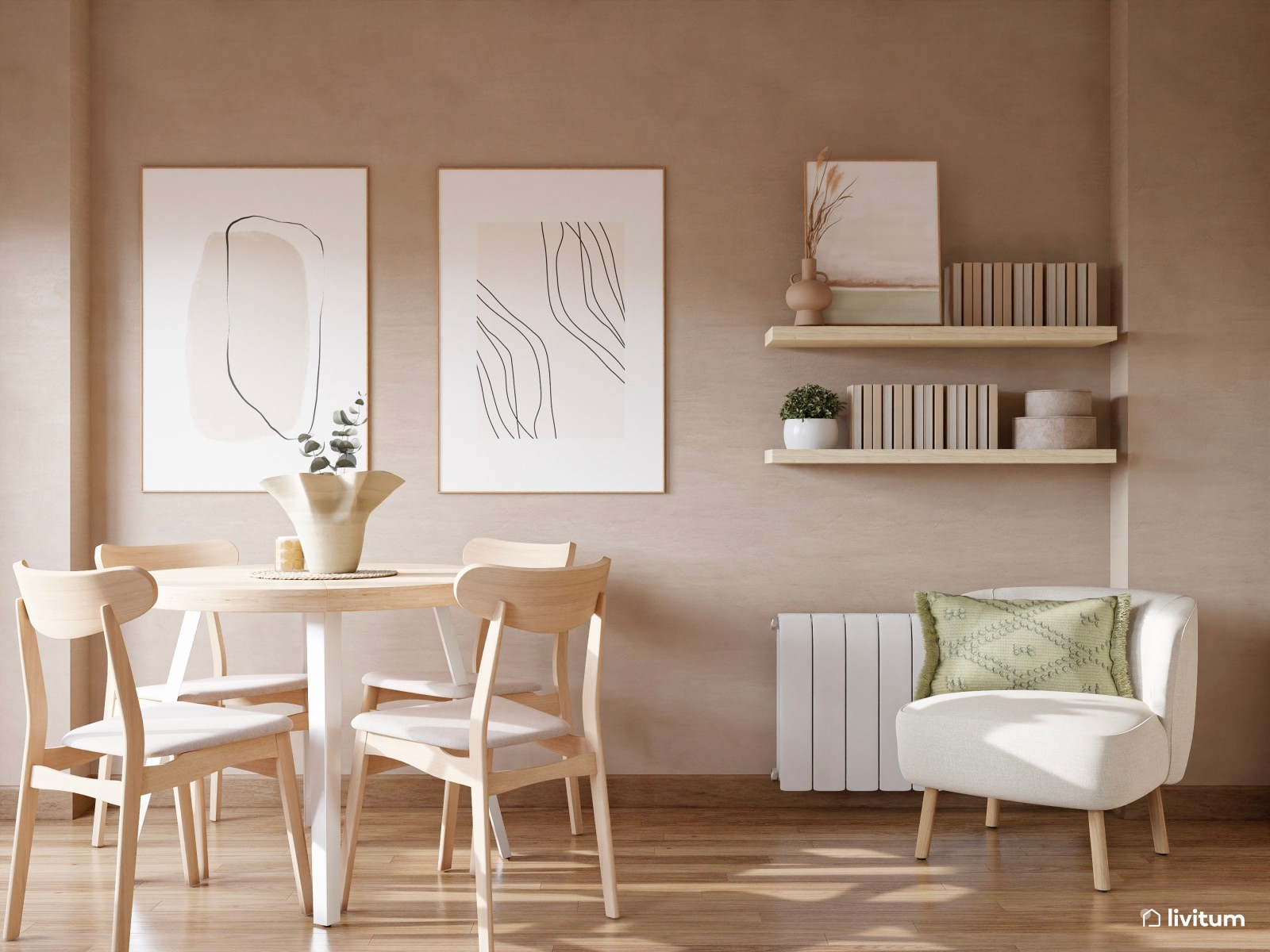 Salón comedor pequeño, nórdico y en  tonos tierra 