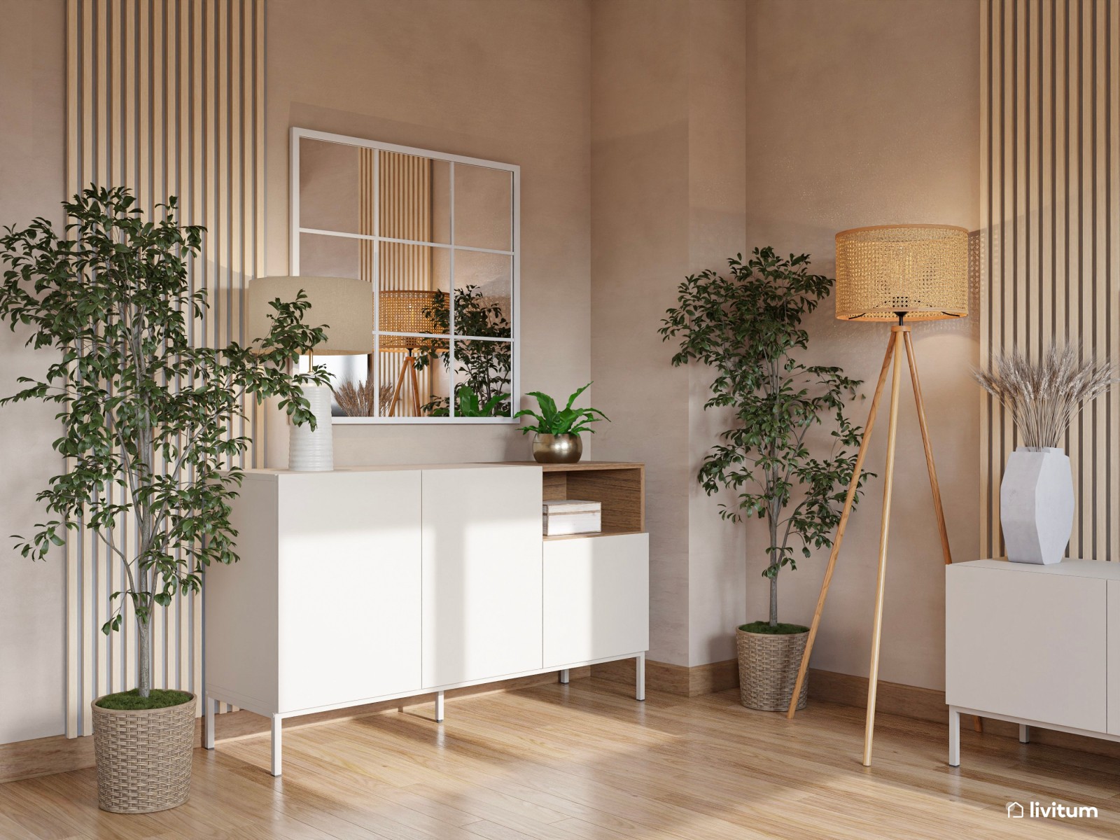 Salón comedor pequeño, nórdico y en  tonos tierra 