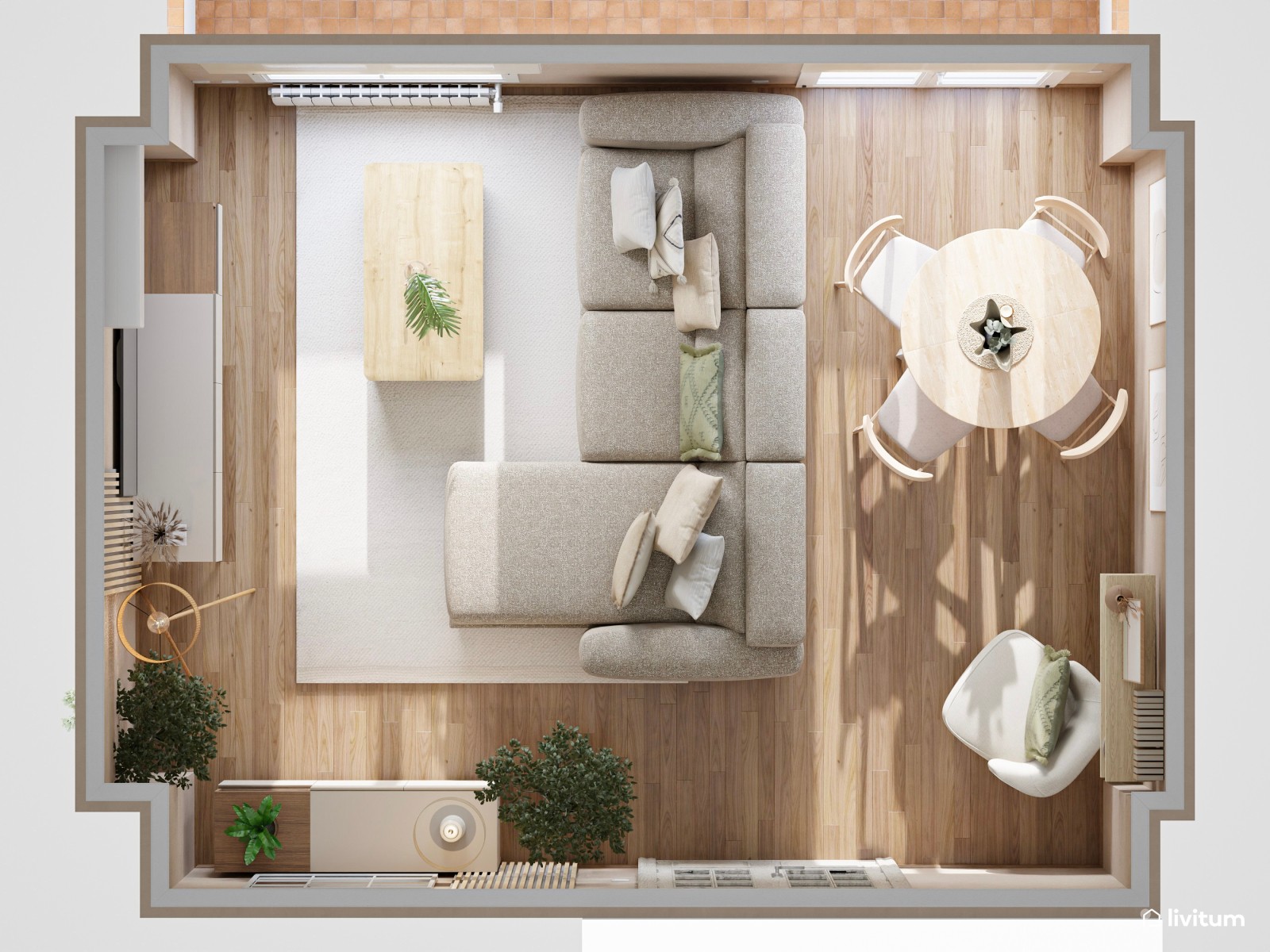 Salón comedor pequeño, nórdico y en  tonos tierra 