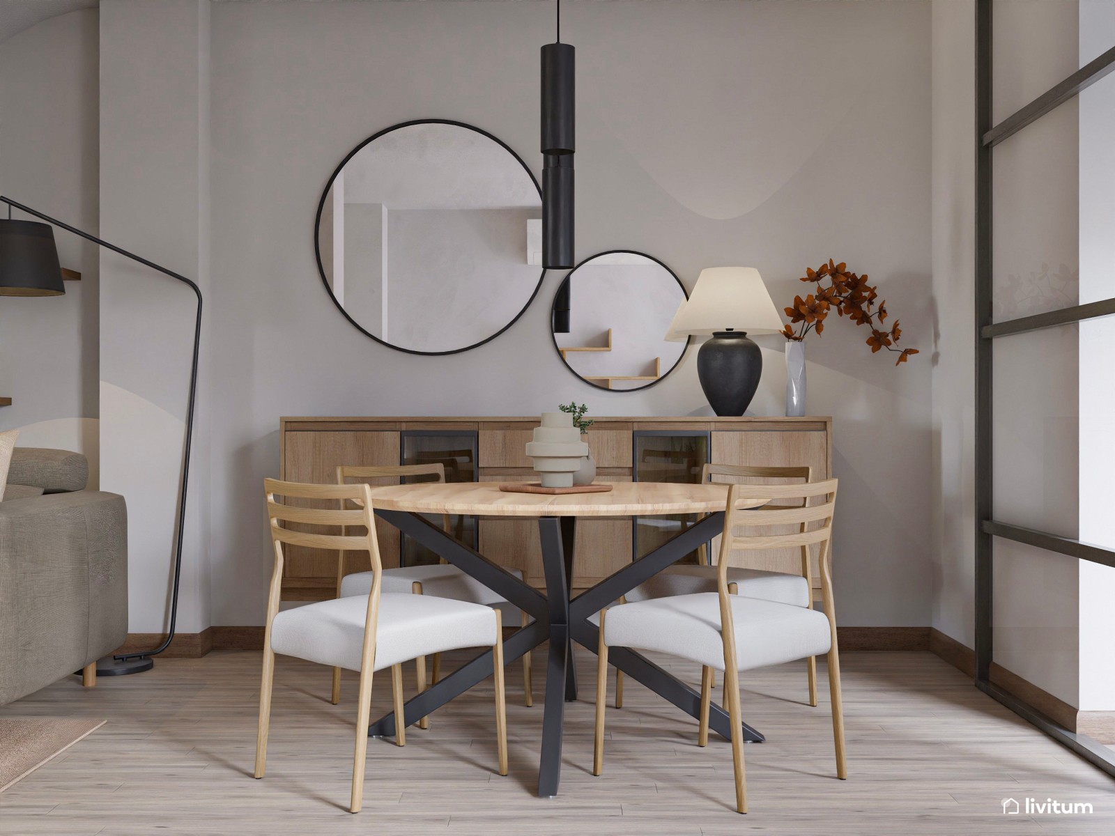 Salón comedor pequeño y moderno con muebles flotantes