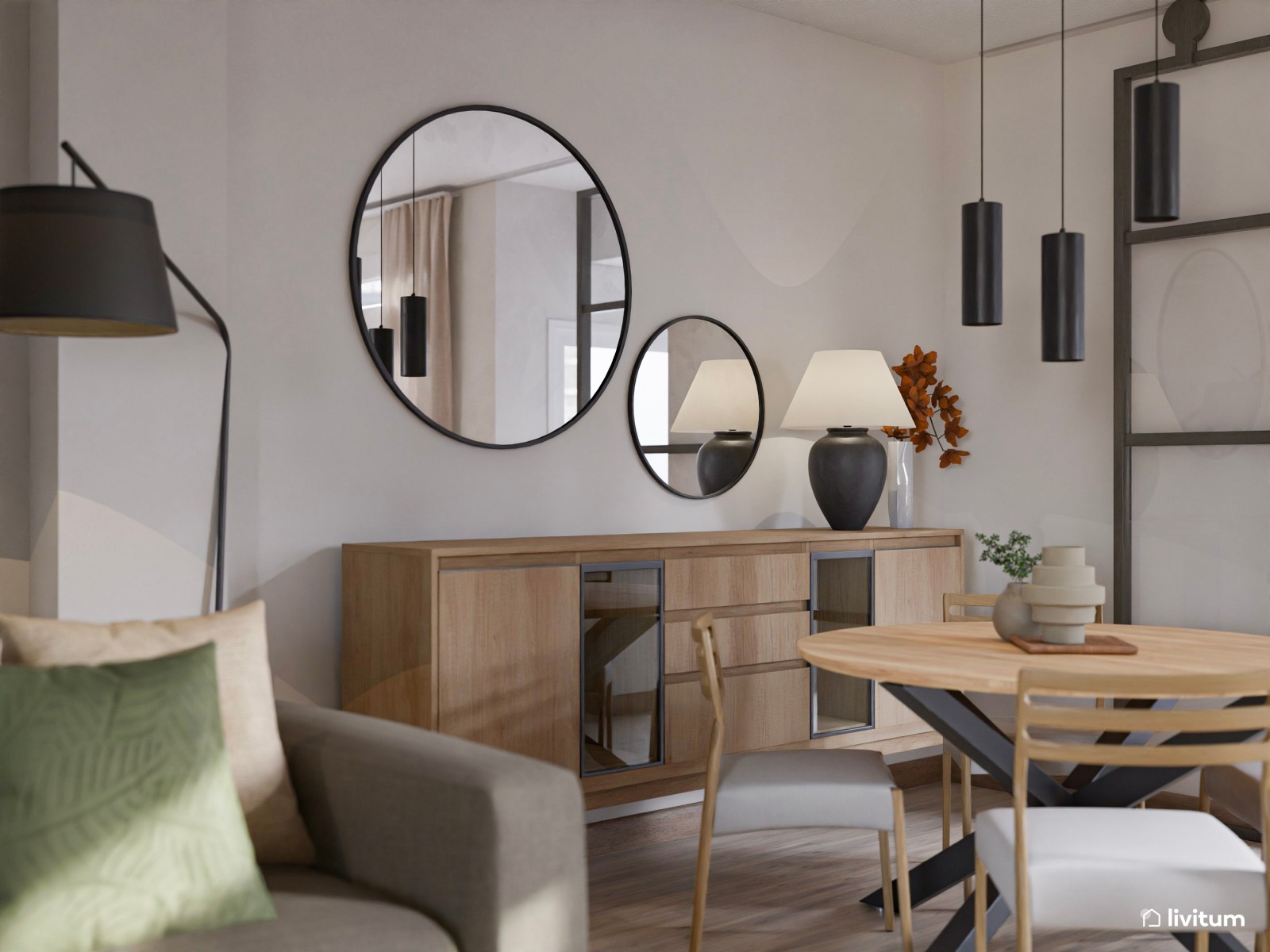 Salón comedor pequeño y moderno con muebles flotantes