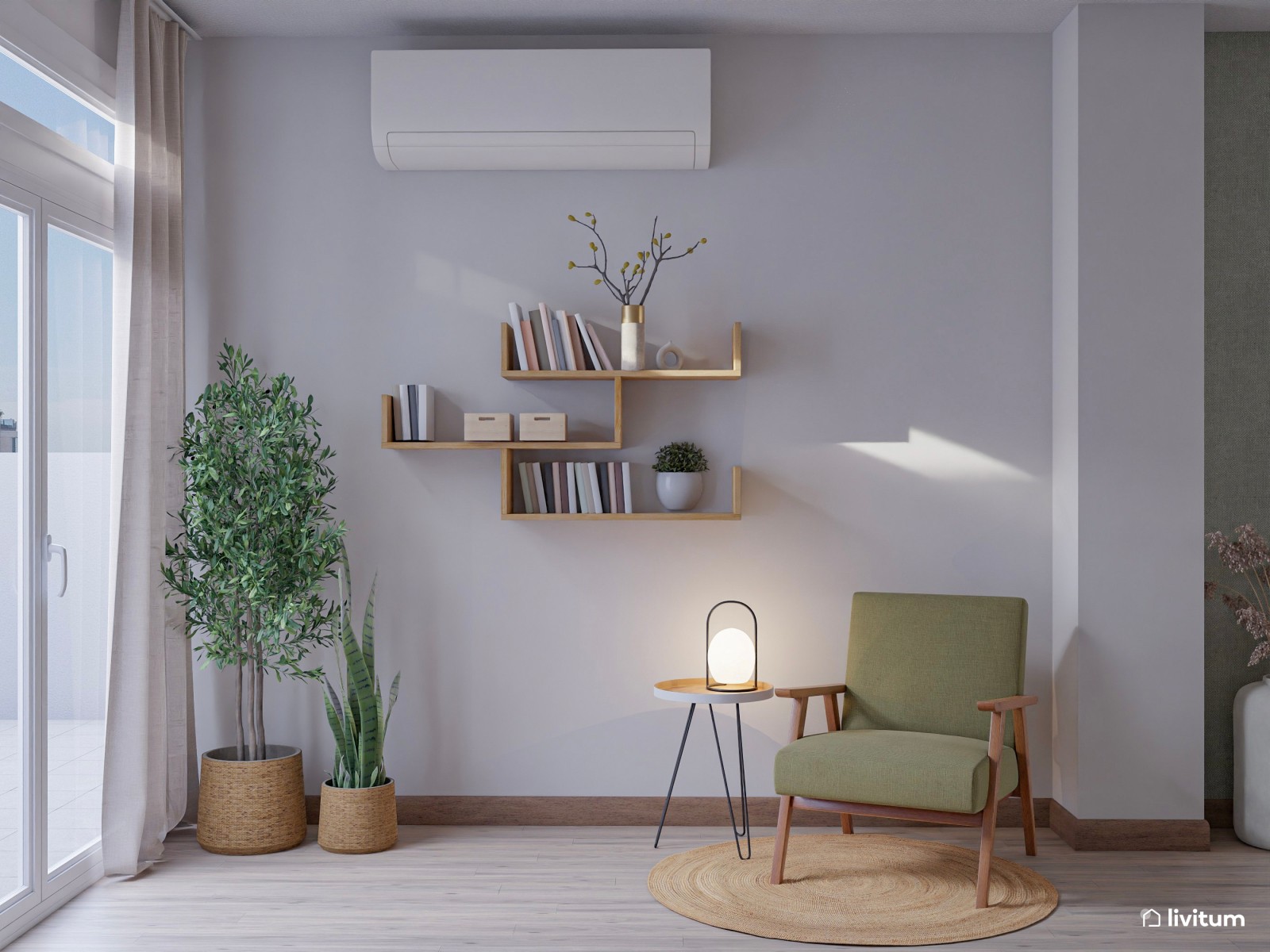 Salón comedor pequeño y moderno con muebles flotantes