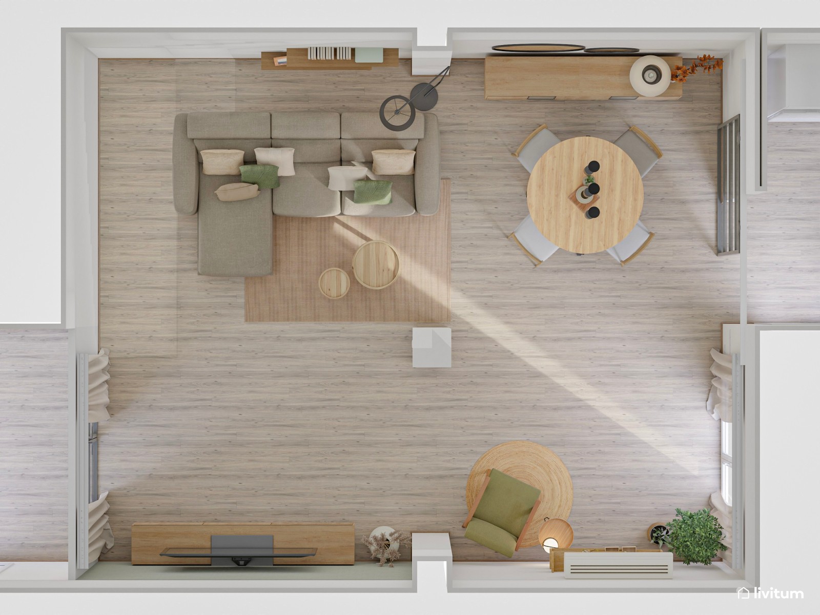 Salón comedor pequeño y moderno con muebles flotantes