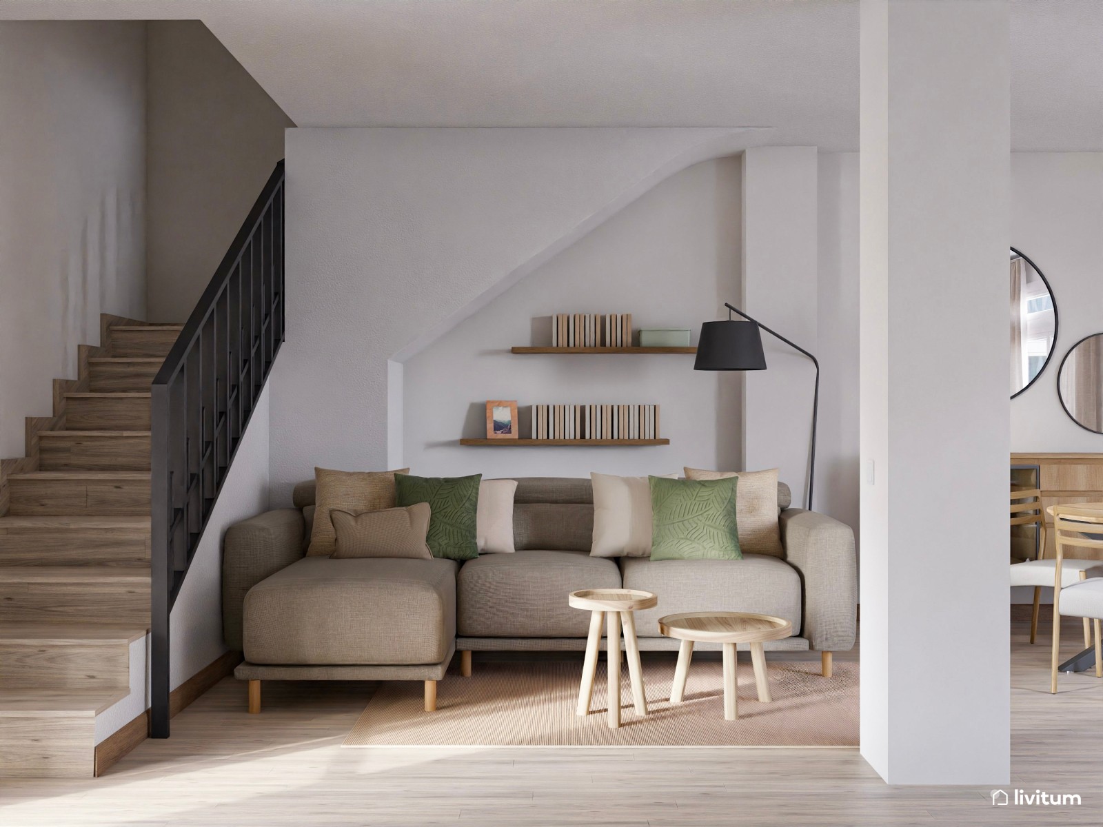 Salón comedor pequeño y moderno con muebles flotantes