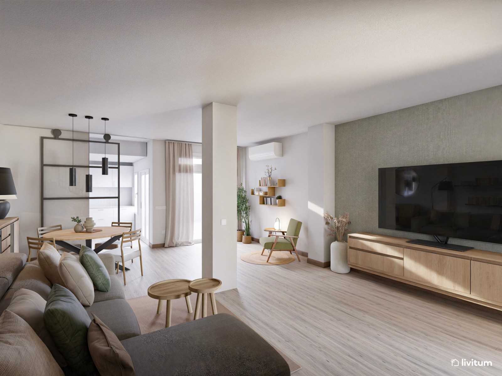 Salón comedor pequeño y moderno con muebles flotantes