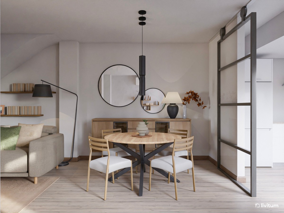 Salón comedor pequeño y moderno con muebles flotantes