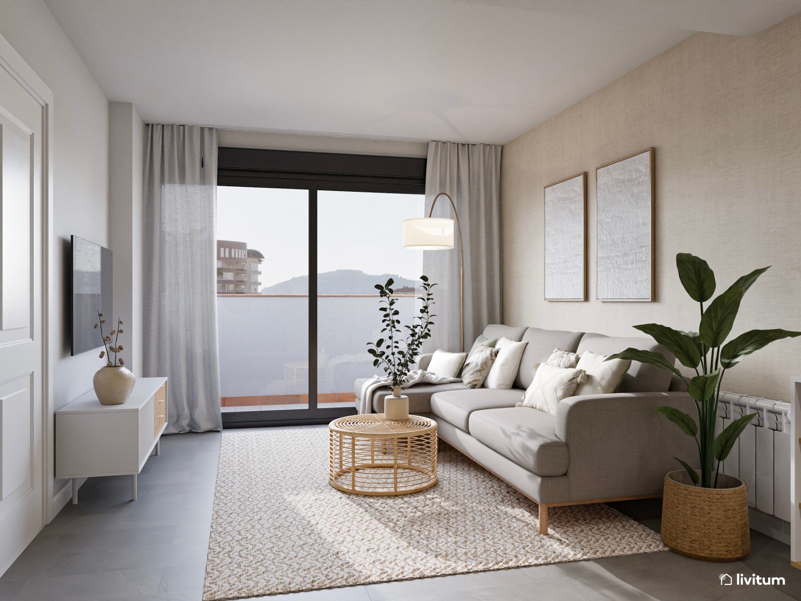 Salón comedor rectangular con decoración minimalista y suelo gris   