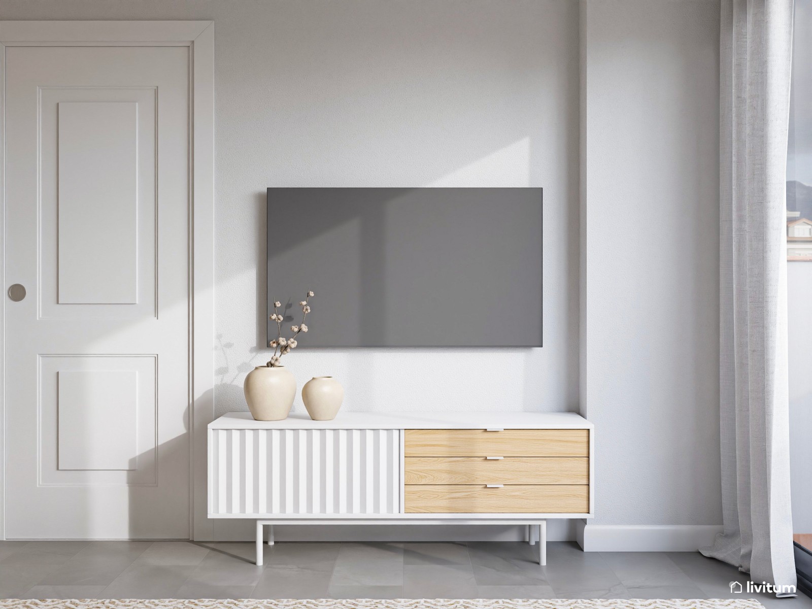Salón comedor rectangular con decoración minimalista y suelo gris   