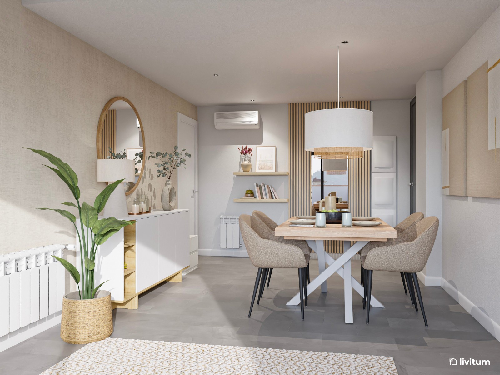 Salón comedor rectangular con decoración minimalista y suelo gris   