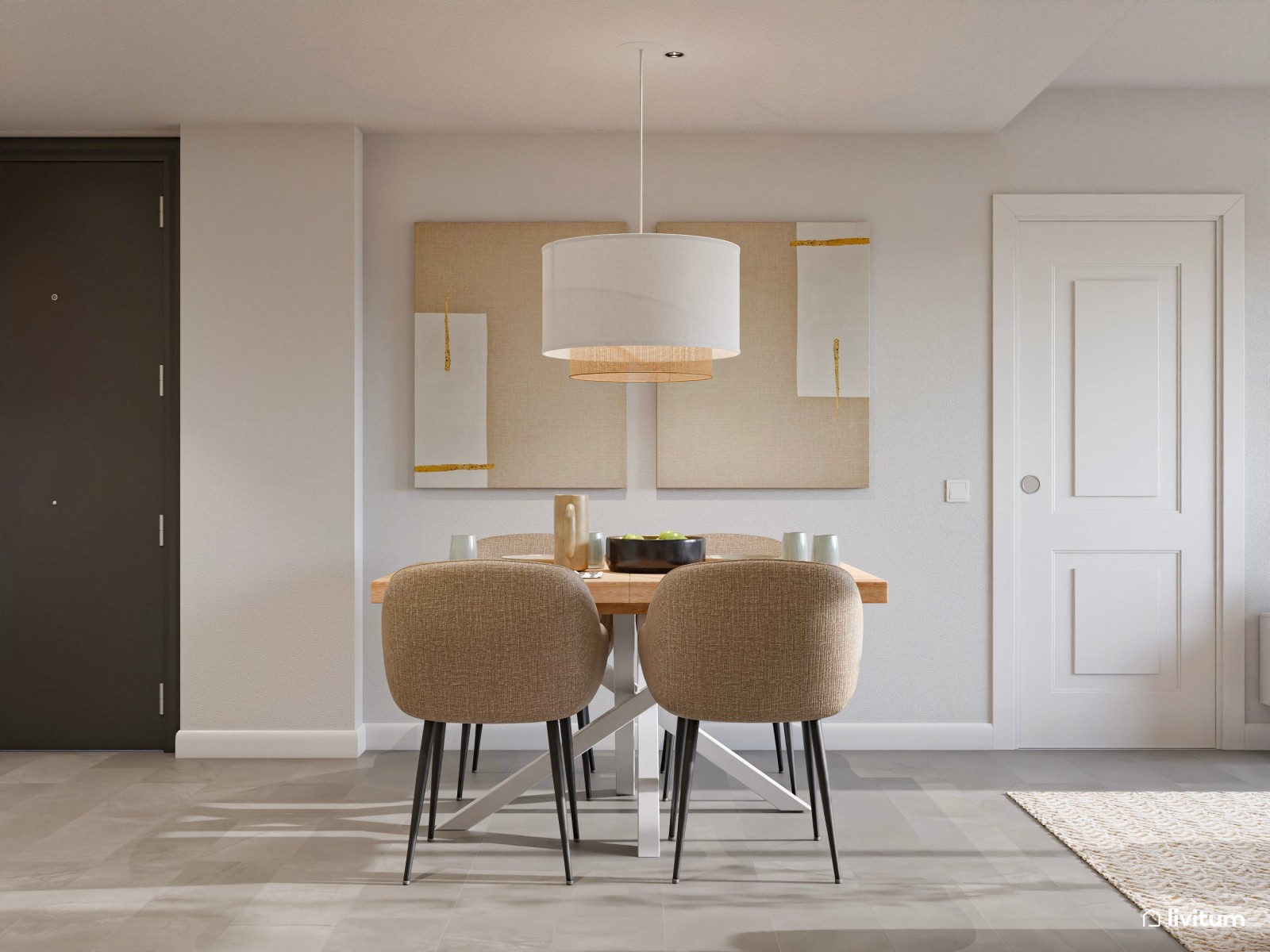 Salón comedor rectangular con decoración minimalista y suelo gris   