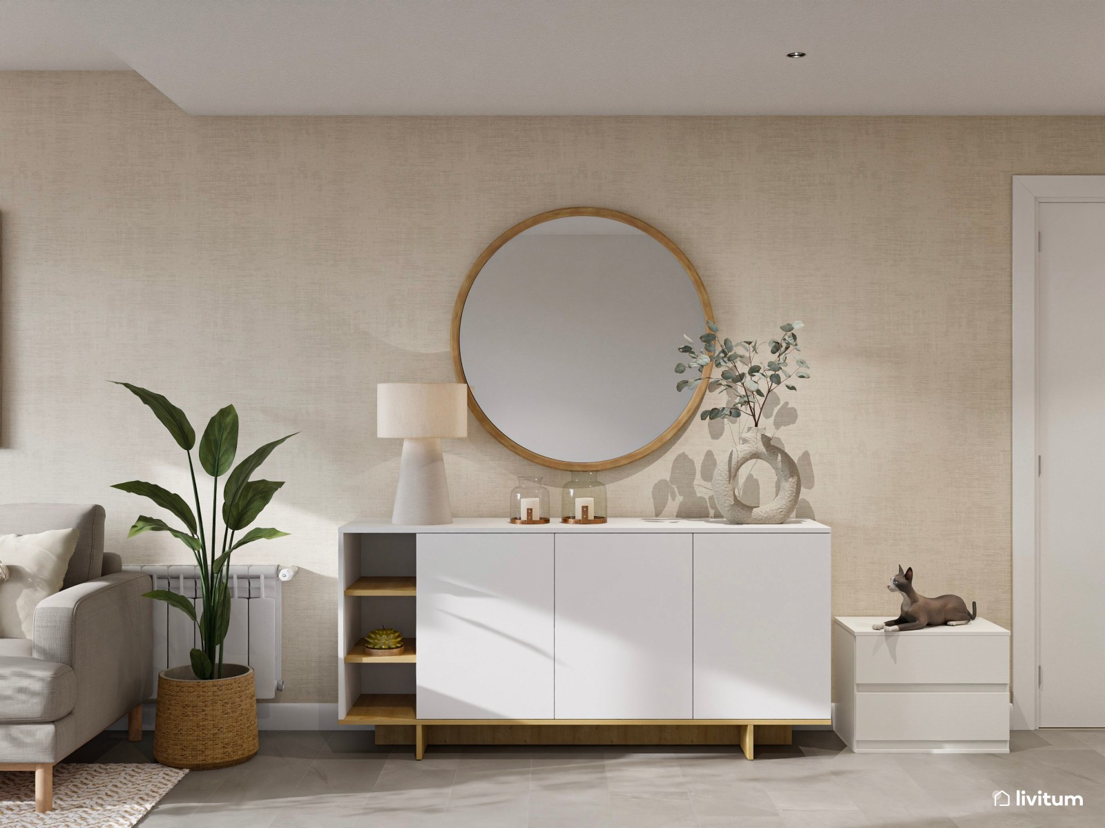 Salón comedor rectangular con decoración minimalista y suelo gris   