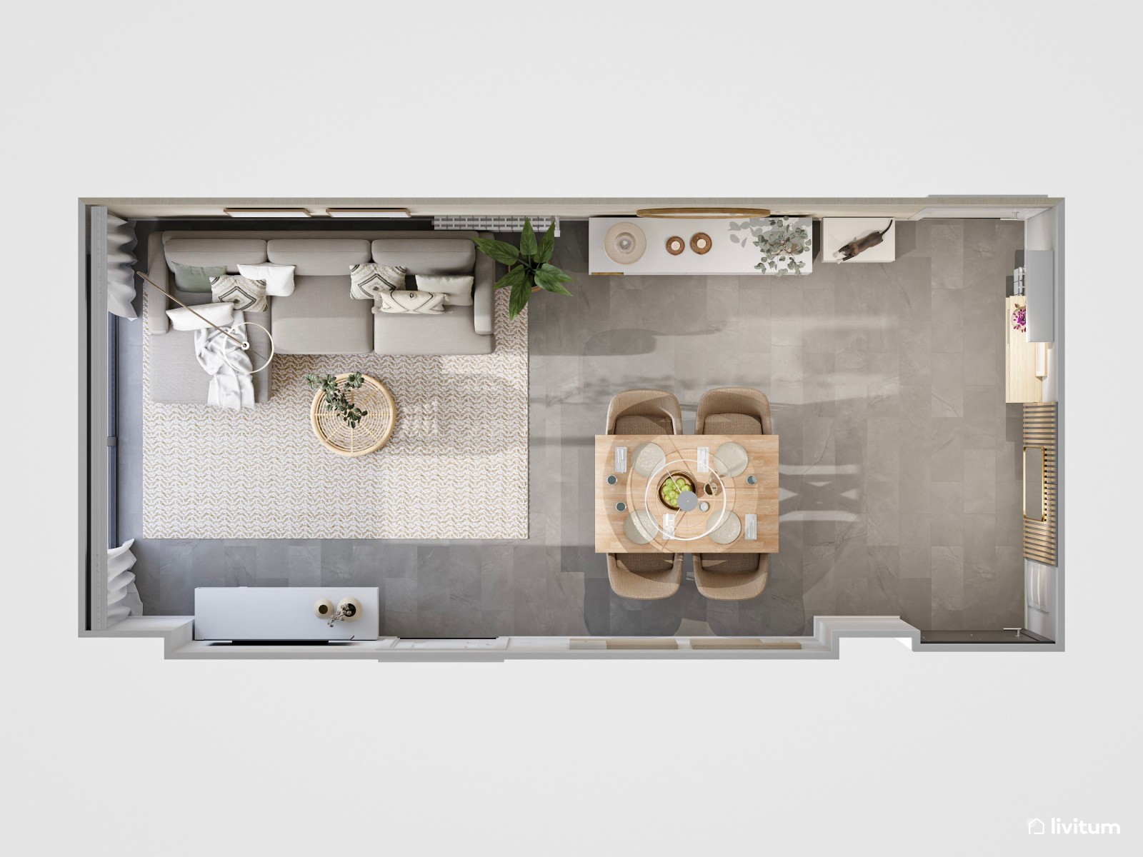 Salón comedor rectangular con decoración minimalista y suelo gris   