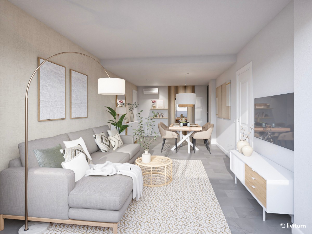 Salón comedor rectangular con decoración minimalista y suelo gris