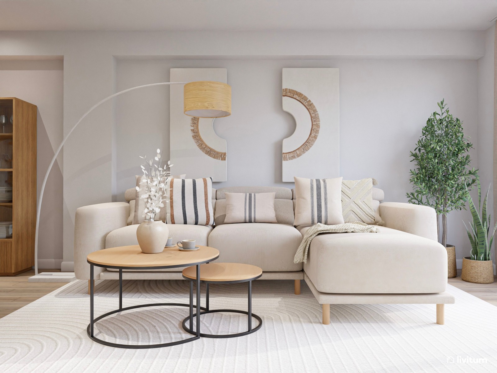 Salón comedor rectangular de estilo nórdico con detalles en negro