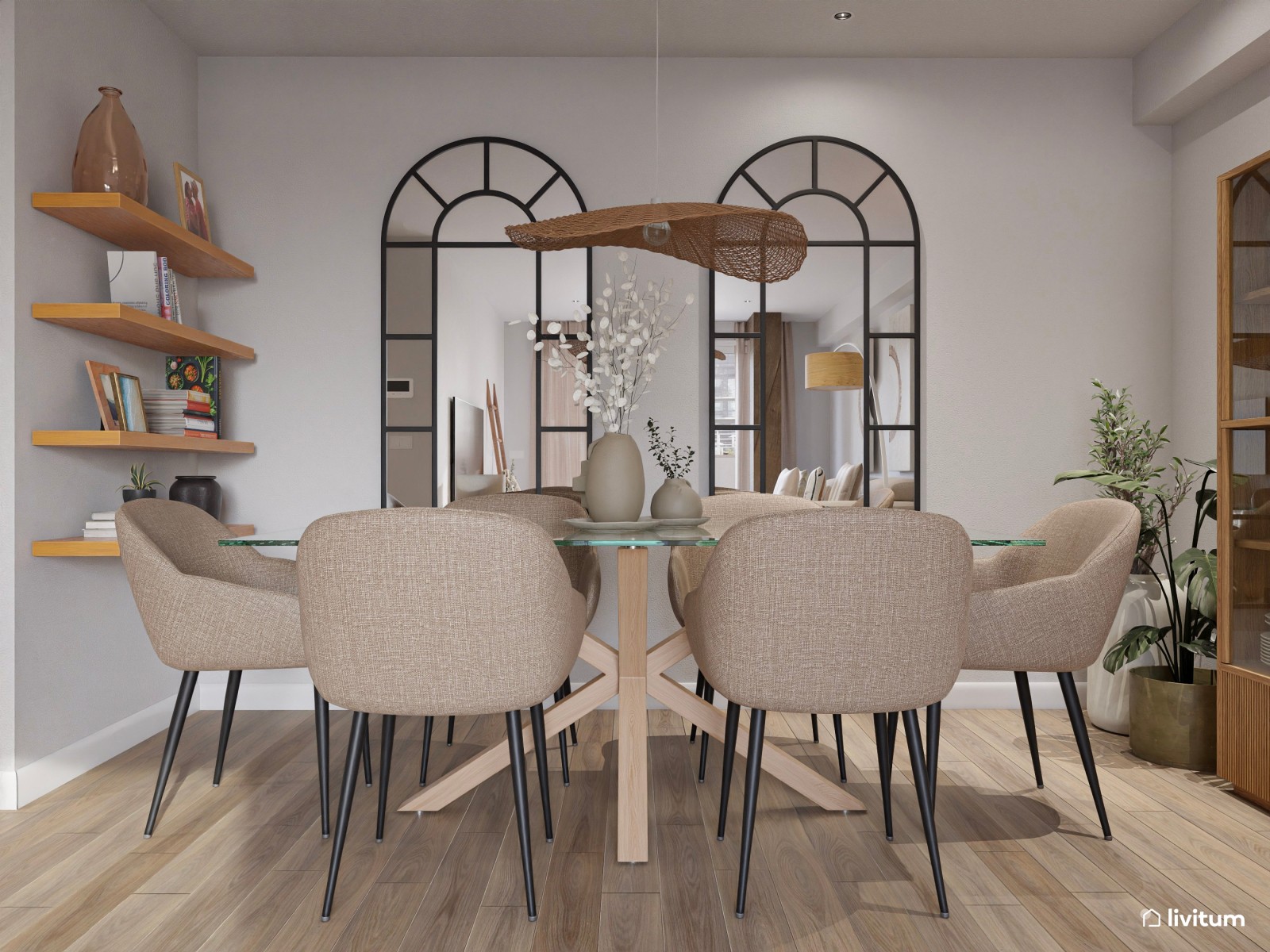 Salón comedor rectangular de estilo nórdico con detalles en negro