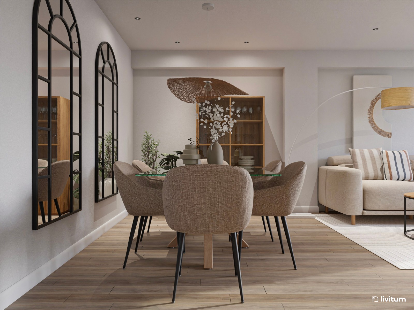 Salón comedor rectangular de estilo nórdico con detalles en negro