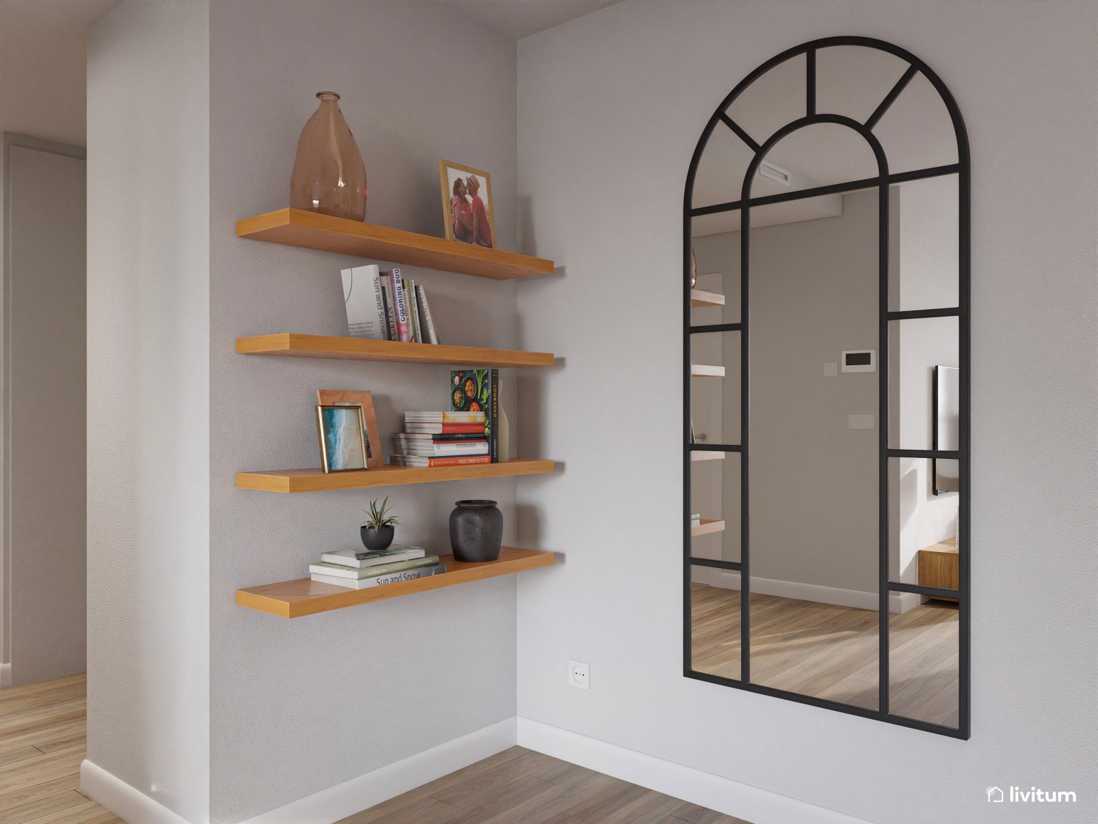 Salón comedor rectangular de estilo nórdico con detalles en negro