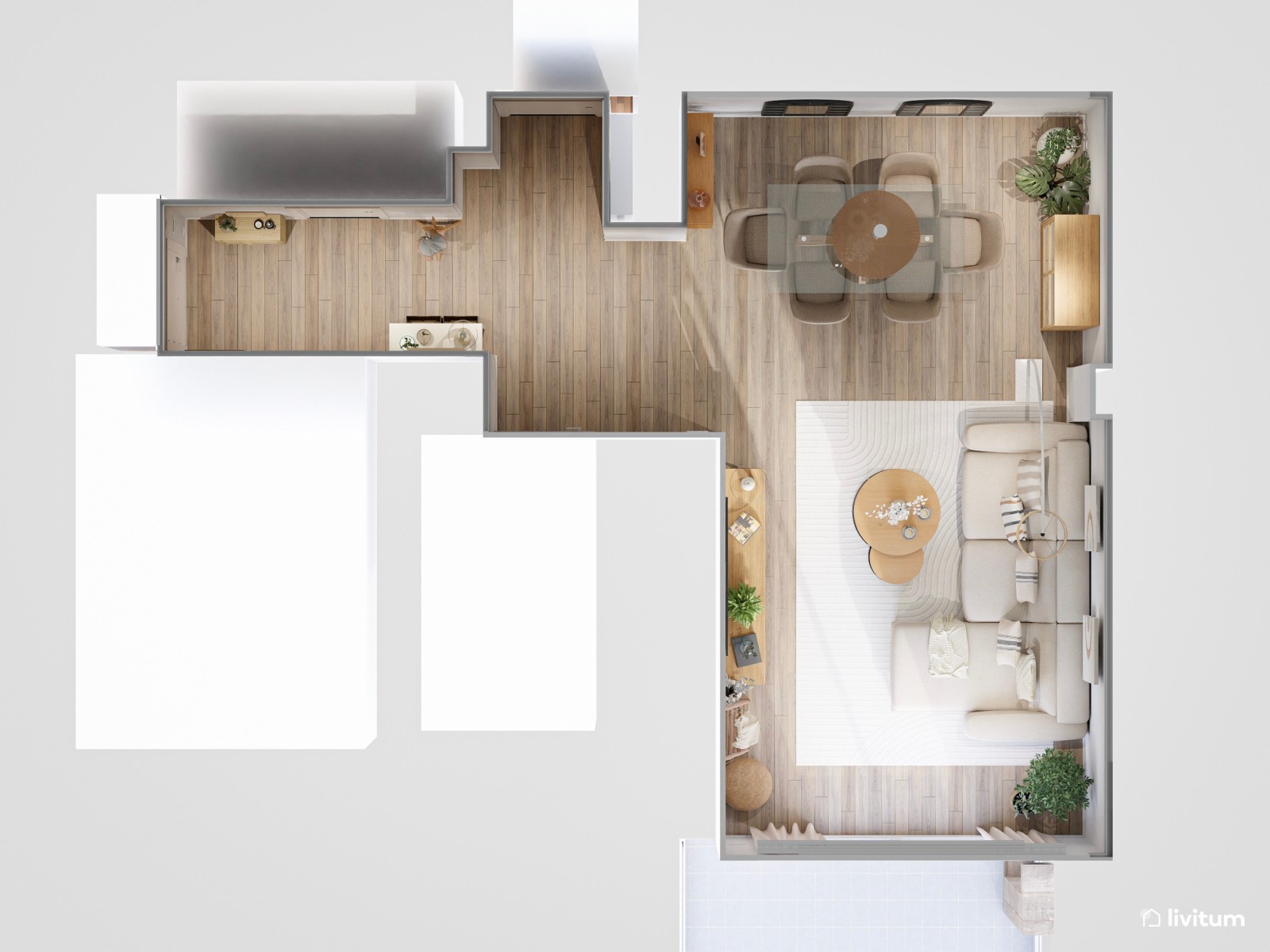 Salón comedor rectangular de estilo nórdico con detalles en negro