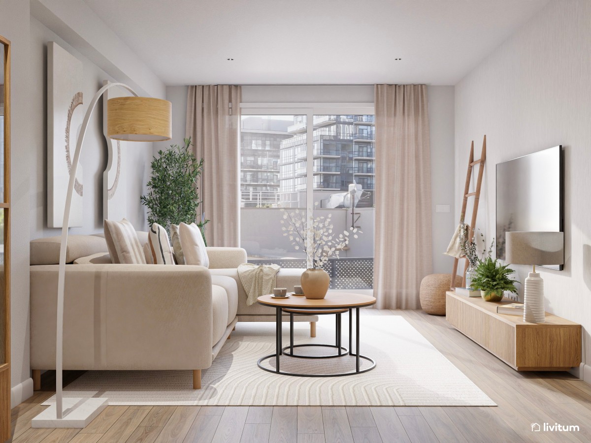 Salón comedor rectangular de estilo nórdico con detalles en negro