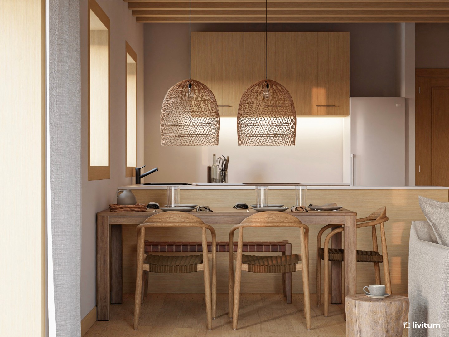 Salón comedor rústico con elementos naturales - Livitum.com