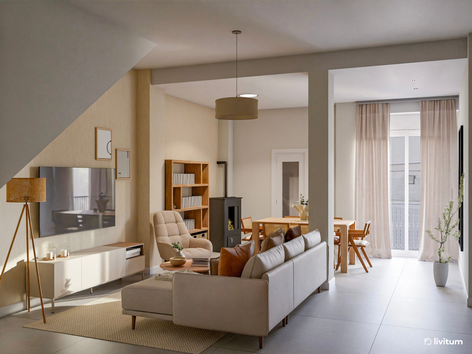 Salón comedor rústico con toques bohemios y mesa de centro de varillas