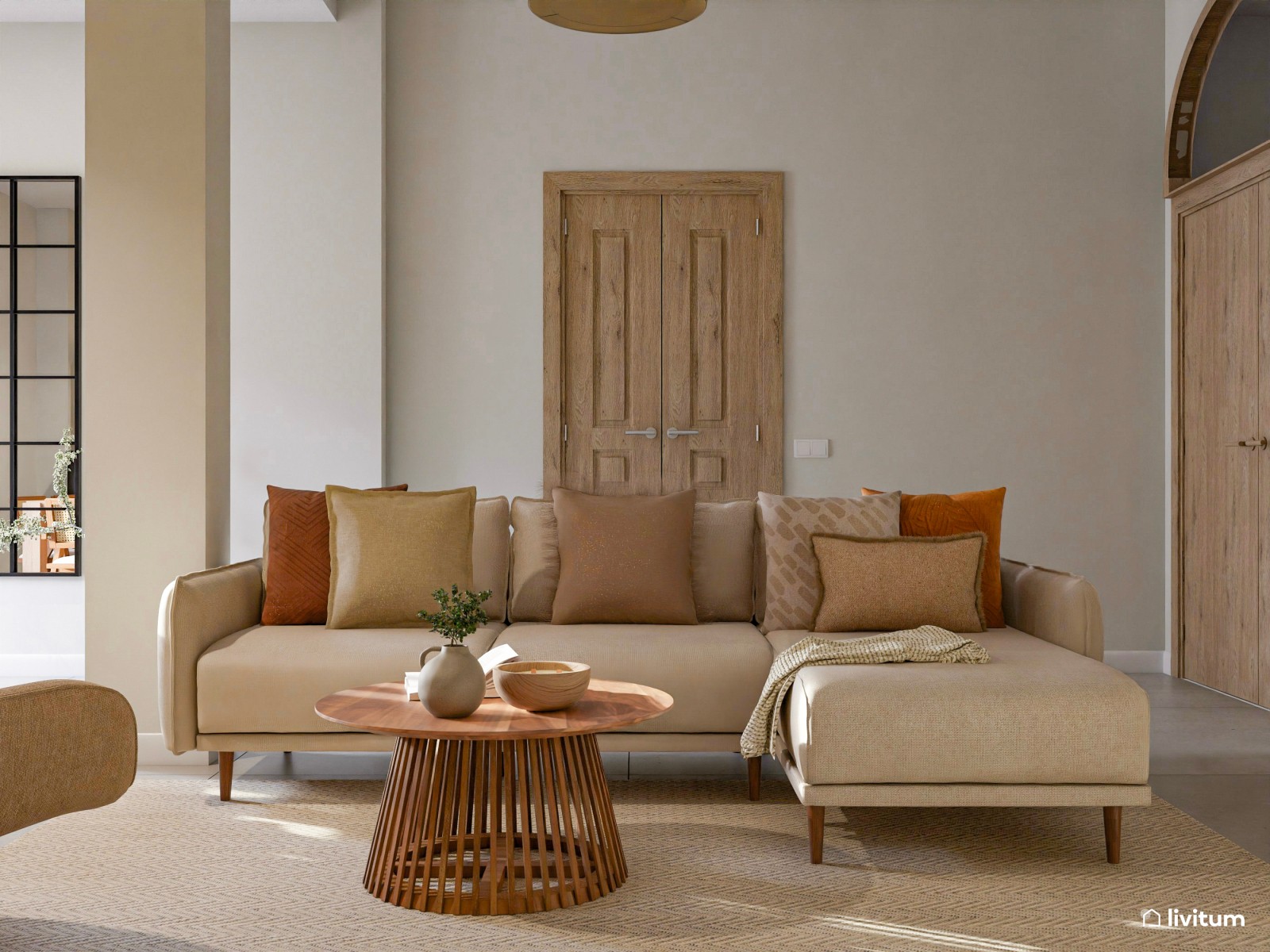 Salón comedor rústico con toques bohemios y mesa de centro de varillas