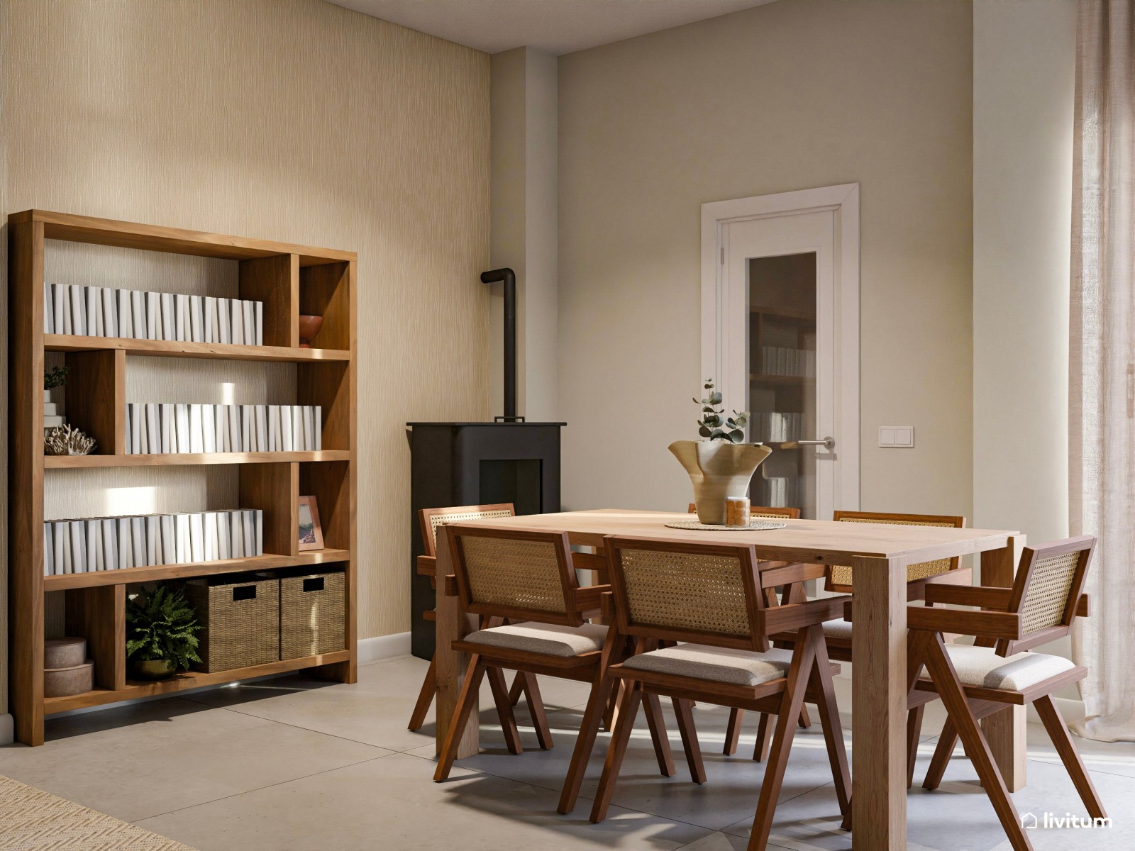 Salón comedor rústico con toques bohemios y mesa de centro de varillas