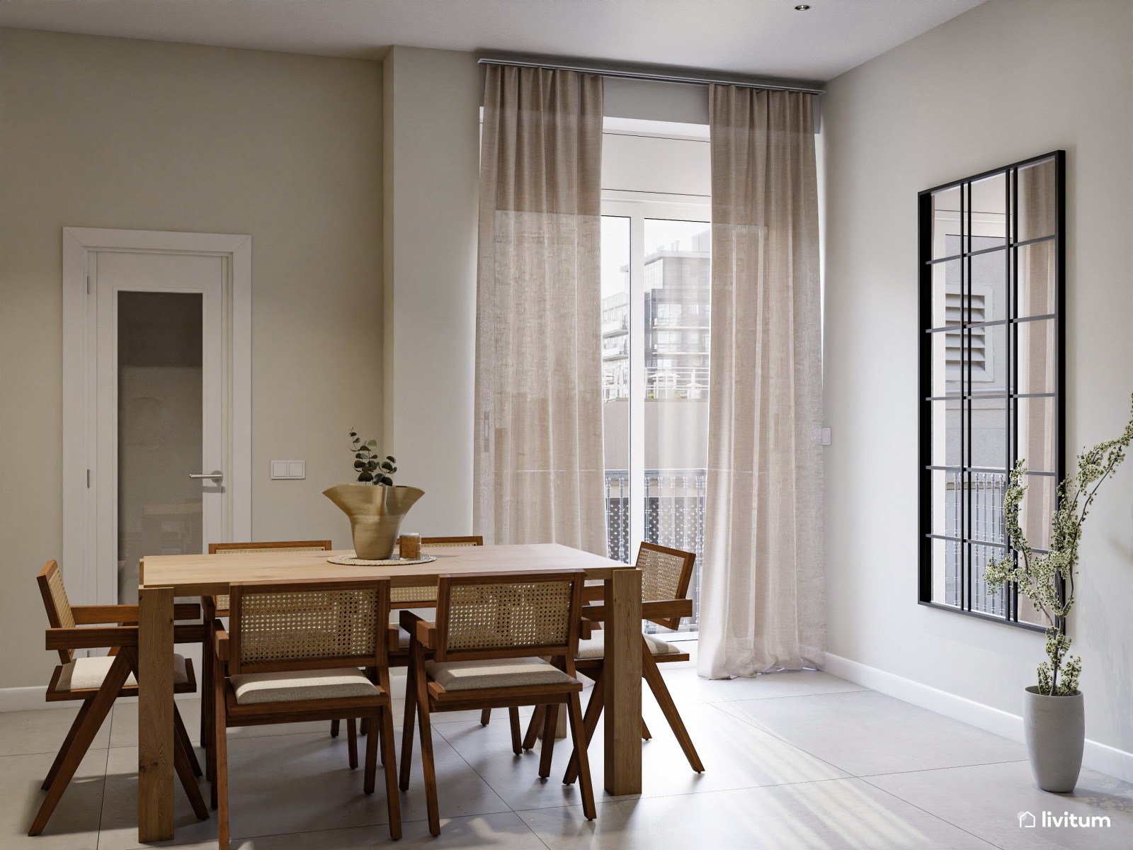 Salón comedor rústico con toques bohemios y mesa de centro de varillas