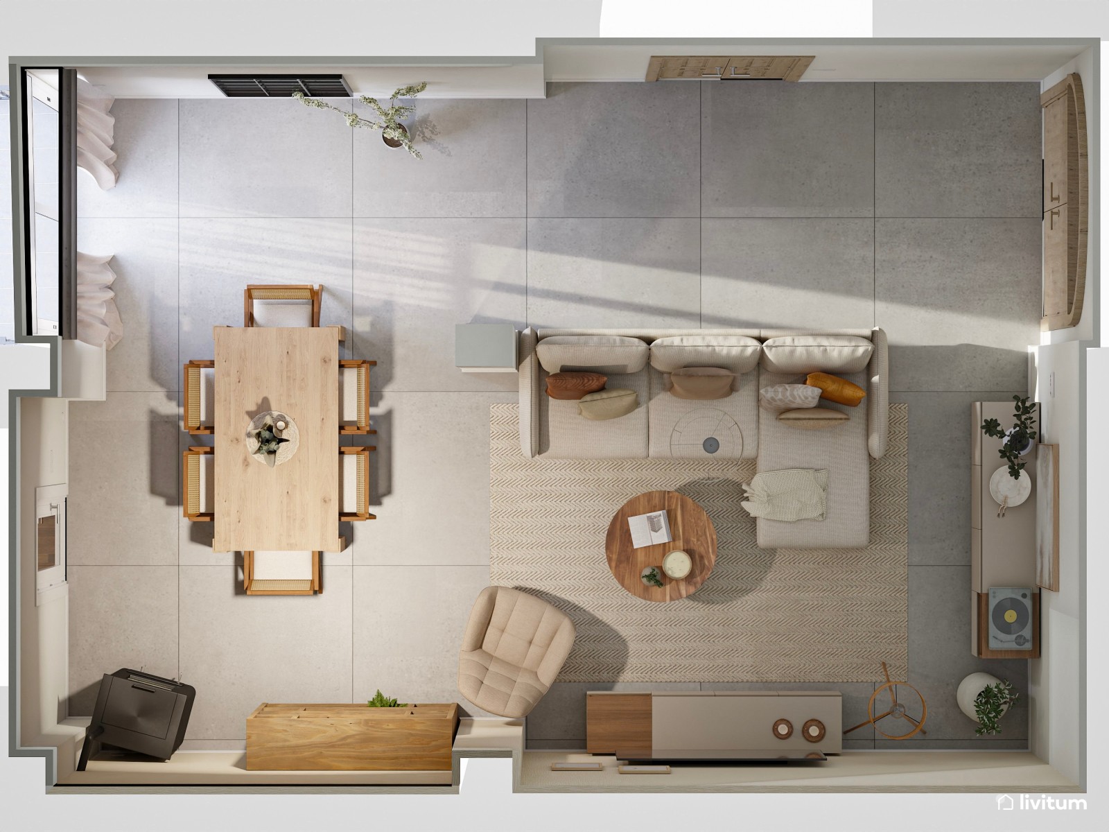 Salón comedor rústico con toques bohemios y mesa de centro de varillas