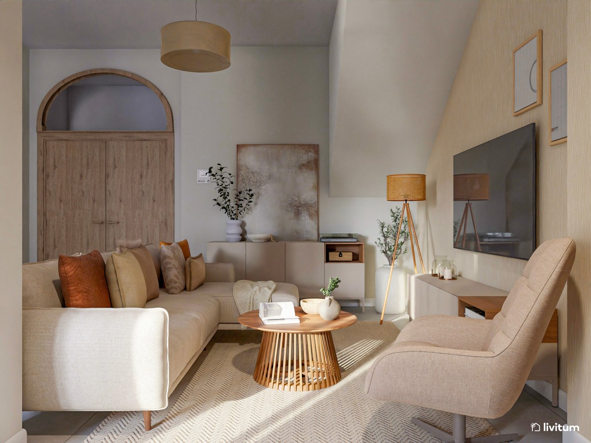 Salón comedor rústico con toques bohemios y mesa de centro de varillas