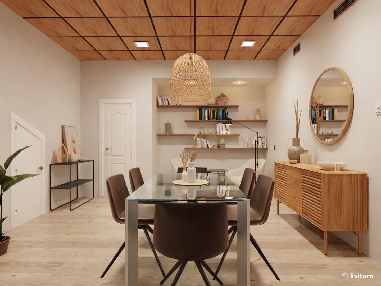 Salón comedor rústico en tonos claros y con toques modernos - Livitum.com