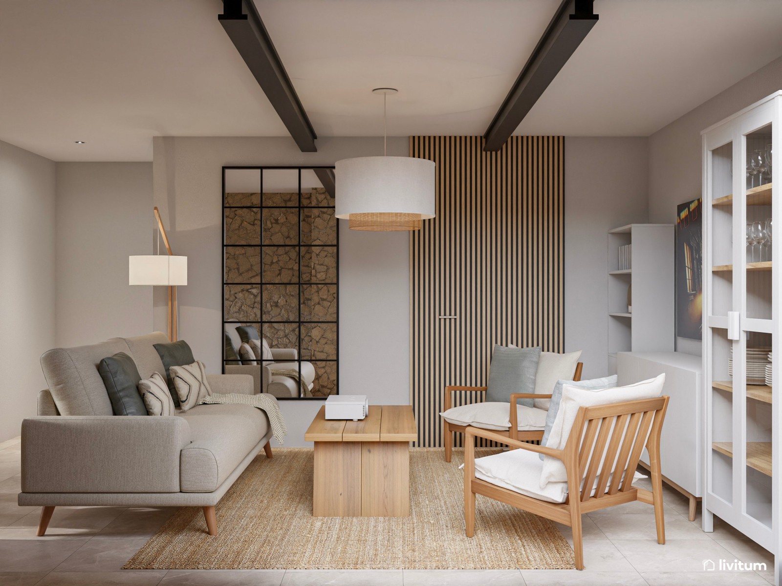 Salón comedor rústico, nórdico e industrial con pared revestida con piedra