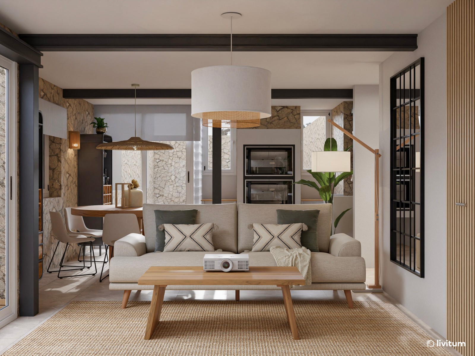 Salón comedor rústico, nórdico e industrial con pared revestida con piedra