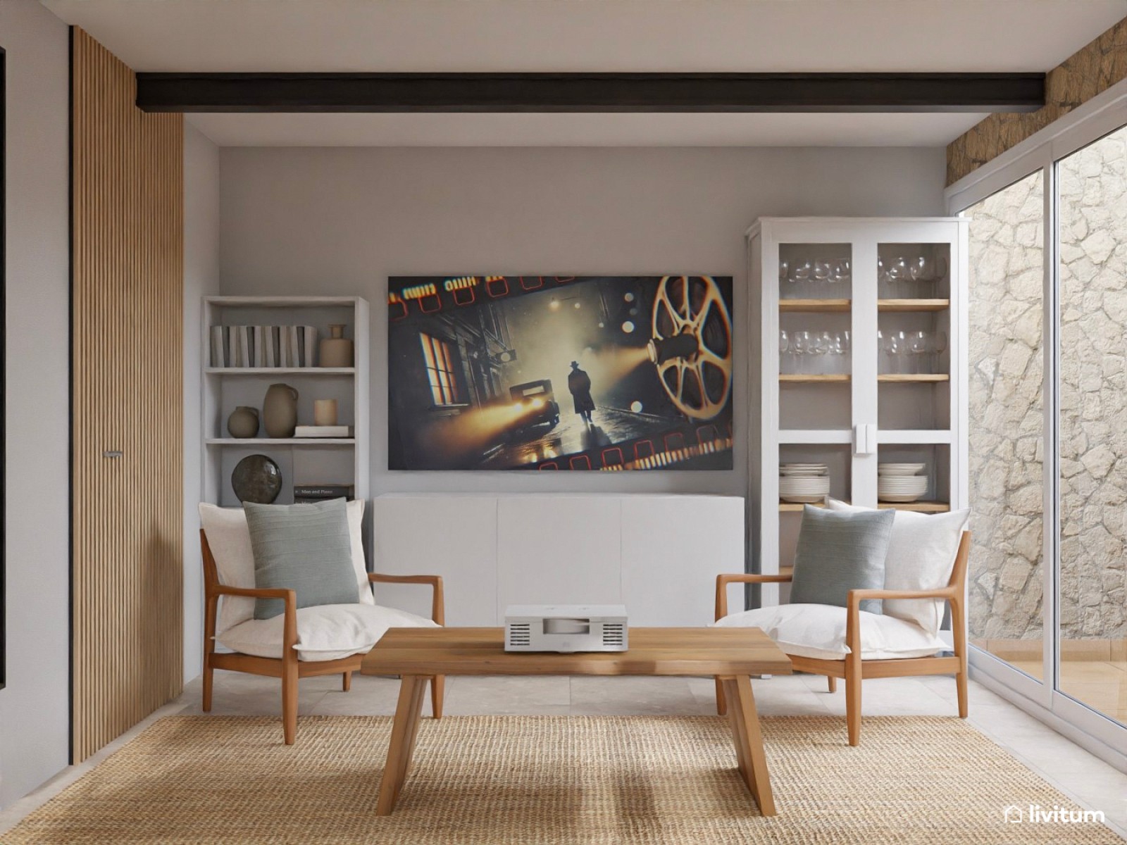 Salón comedor rústico, nórdico e industrial con pared revestida con piedra