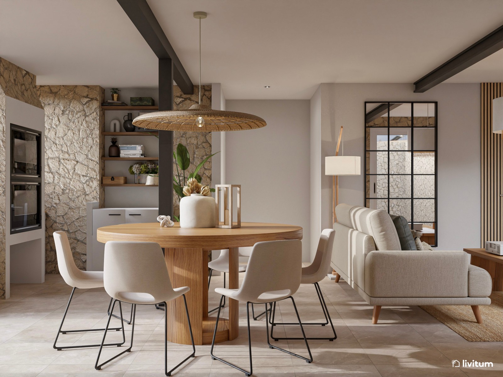 Salón comedor rústico, nórdico e industrial con pared revestida con piedra