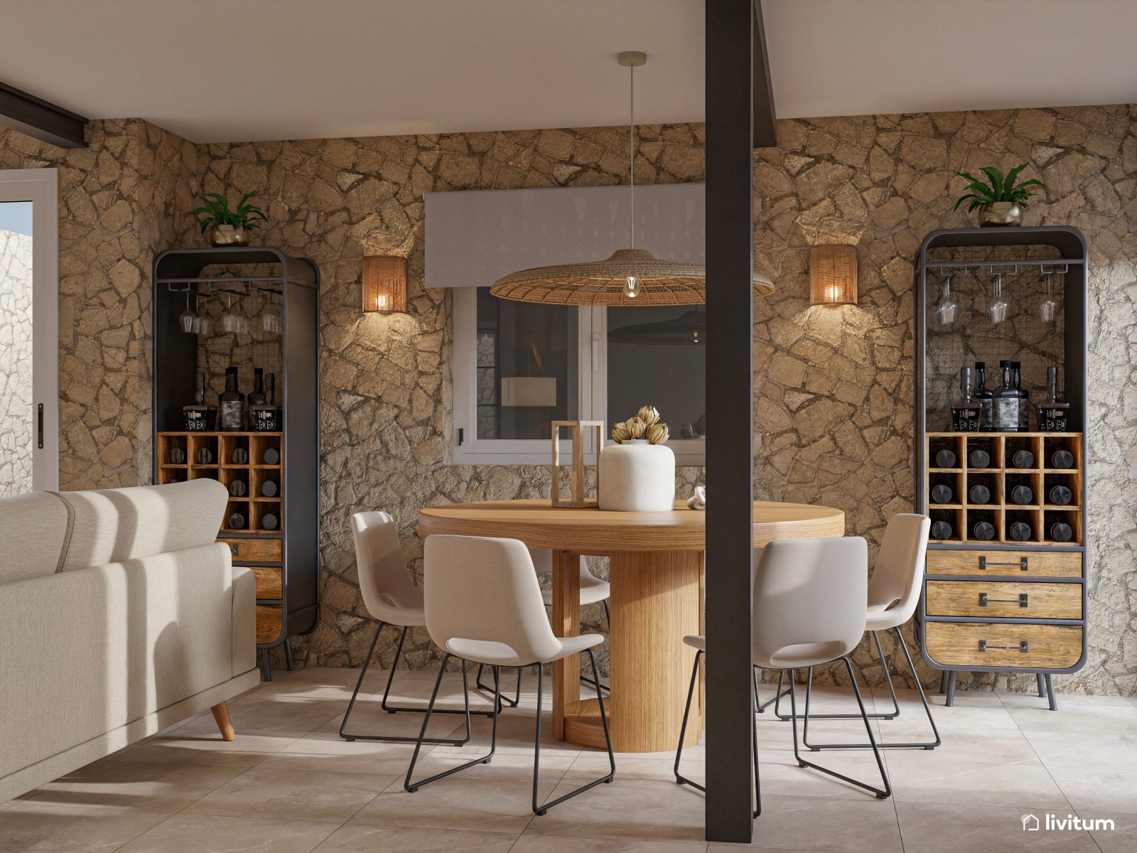 Salón comedor rústico, nórdico e industrial con pared revestida con piedra