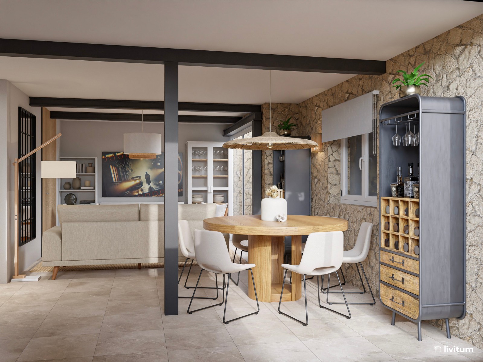 Salón comedor rústico, nórdico e industrial con pared revestida con piedra