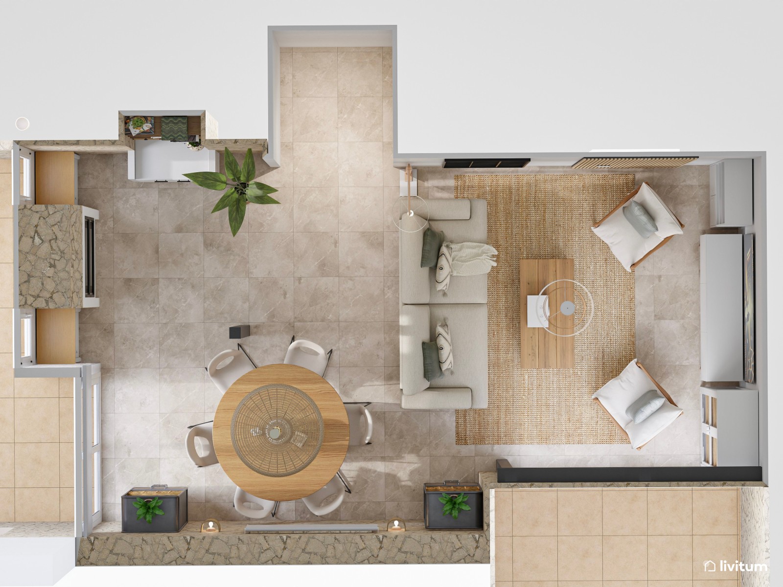 Salón comedor rústico, nórdico e industrial con pared revestida con piedra