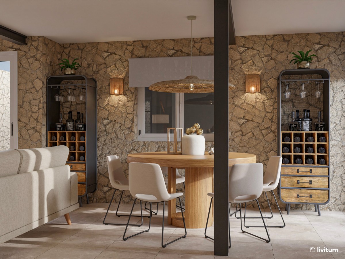 Salón comedor rústico, nórdico e industrial con pared revestida con piedra