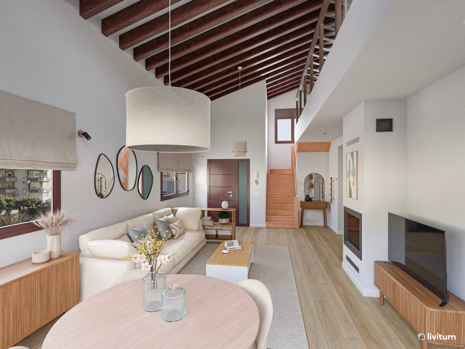 Salón comedor rústico y alargado con vistas al jardín 