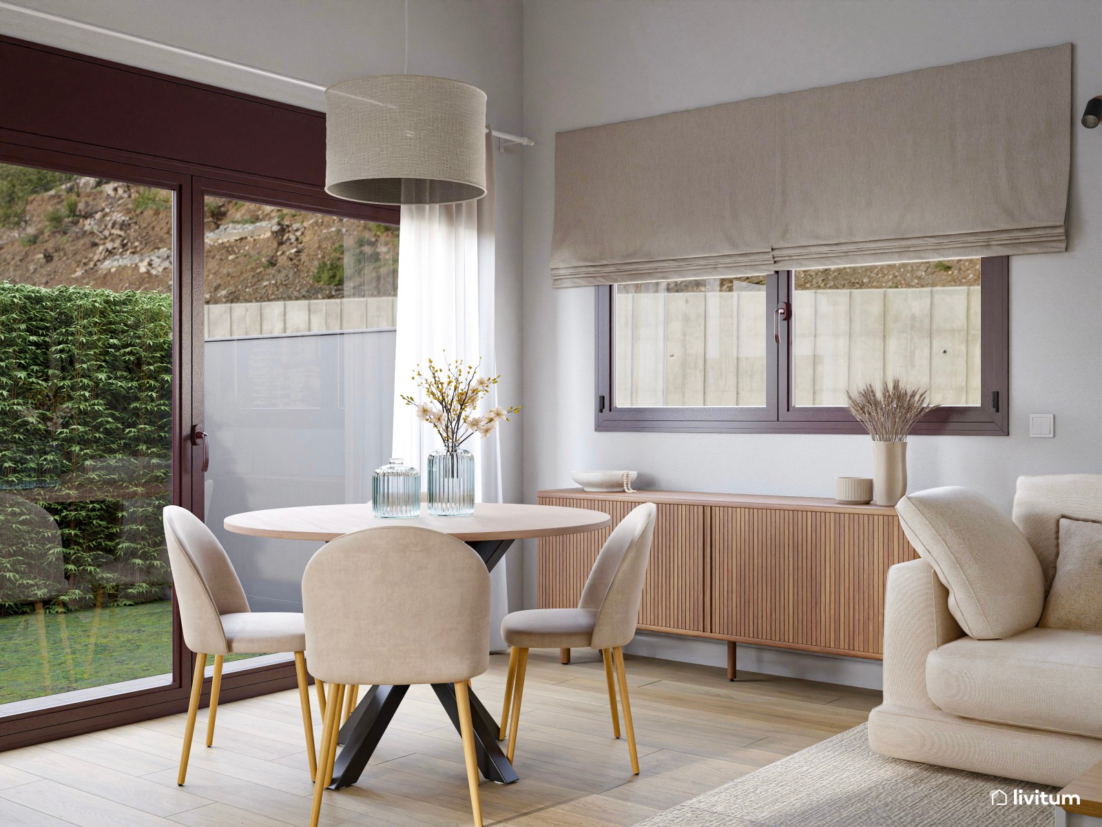 Salón comedor rústico y alargado con vistas al jardín 