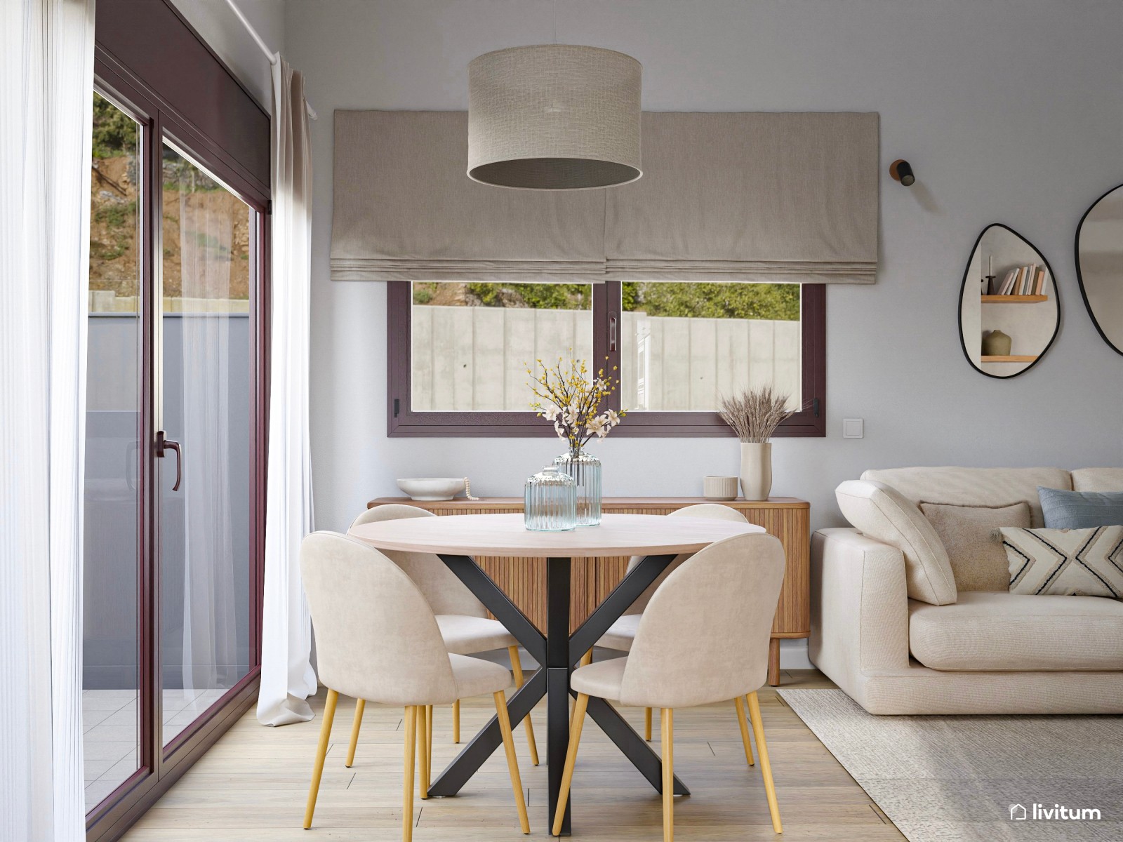 Salón comedor rústico y alargado con vistas al jardín 