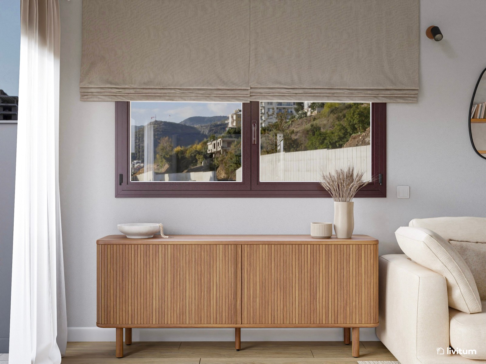 Salón comedor rústico y alargado con vistas al jardín 