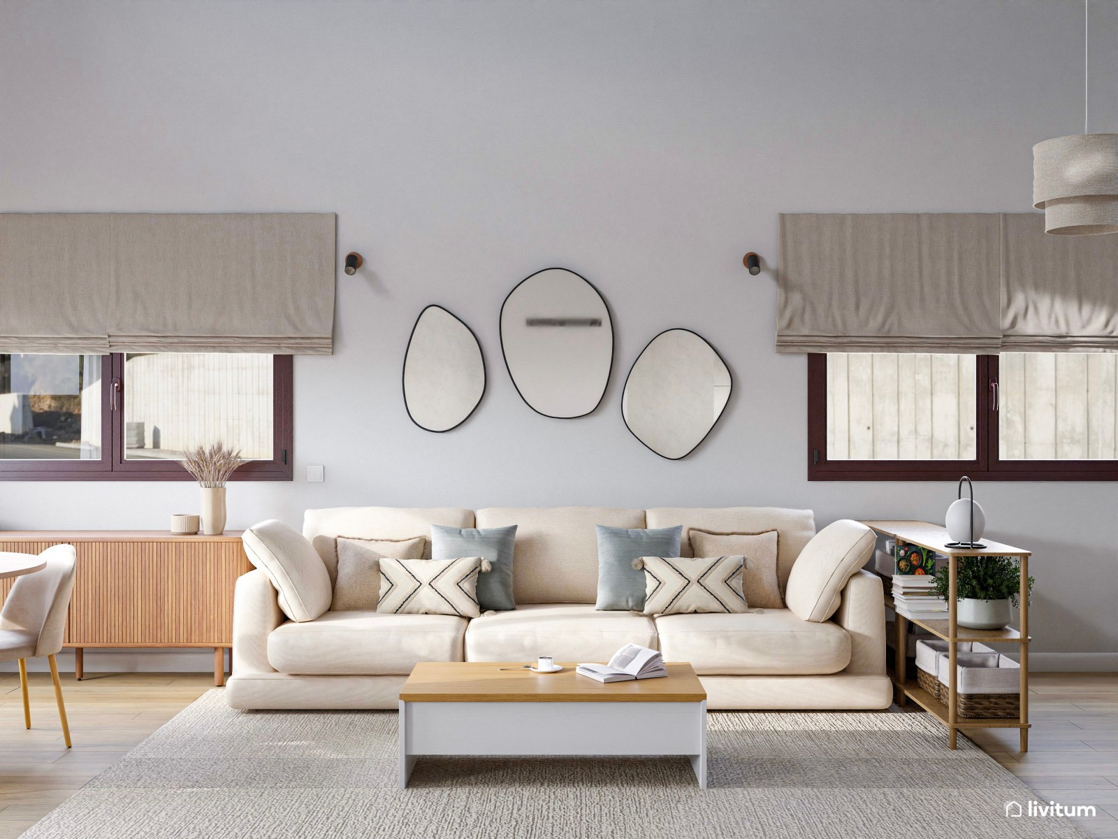 Salón comedor rústico y alargado con vistas al jardín 