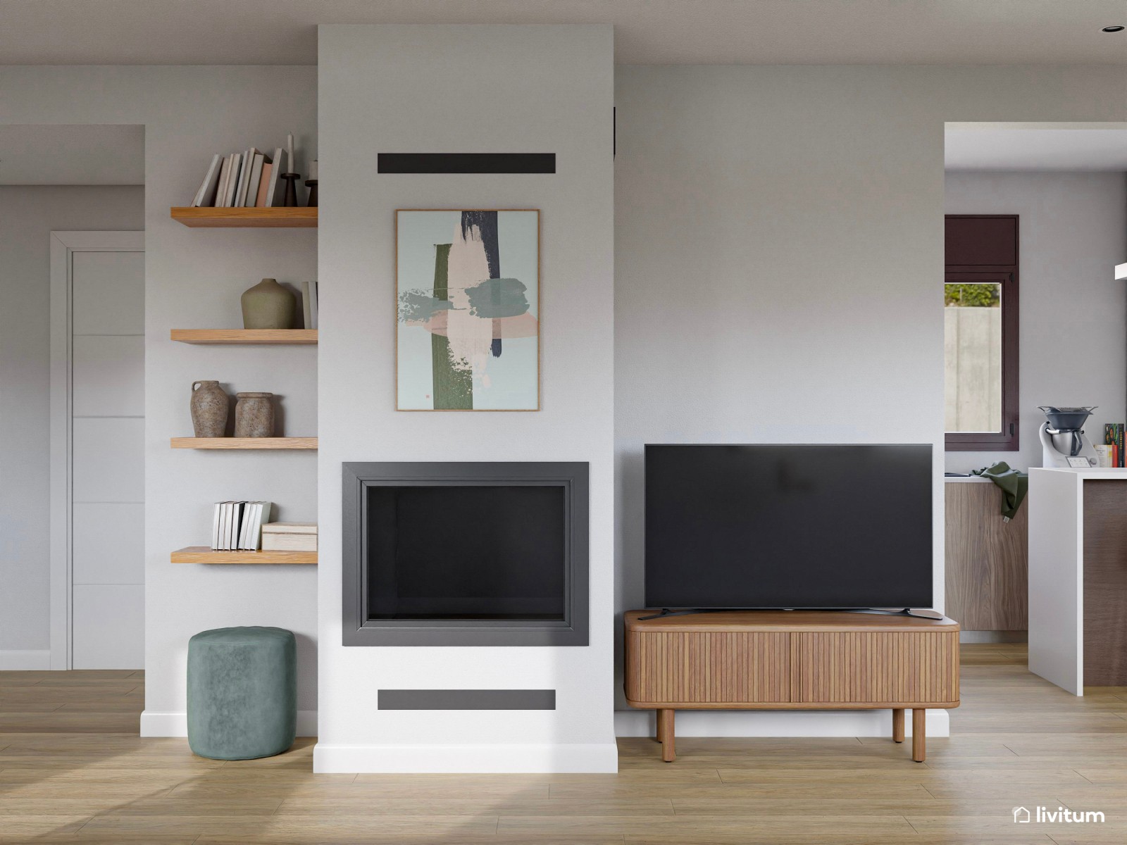 Salón comedor rústico y alargado con vistas al jardín 