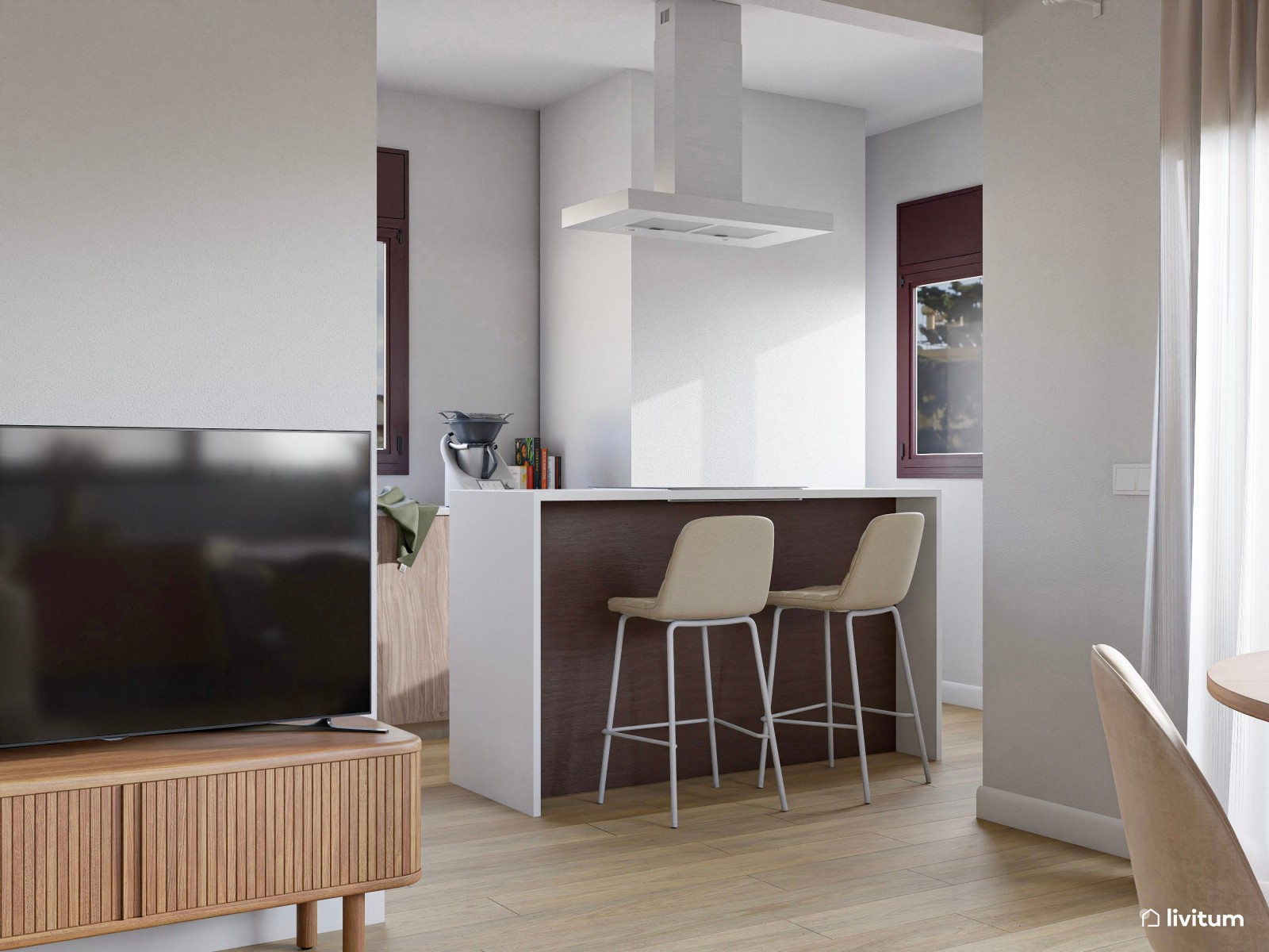 Salón comedor rústico y alargado con vistas al jardín 