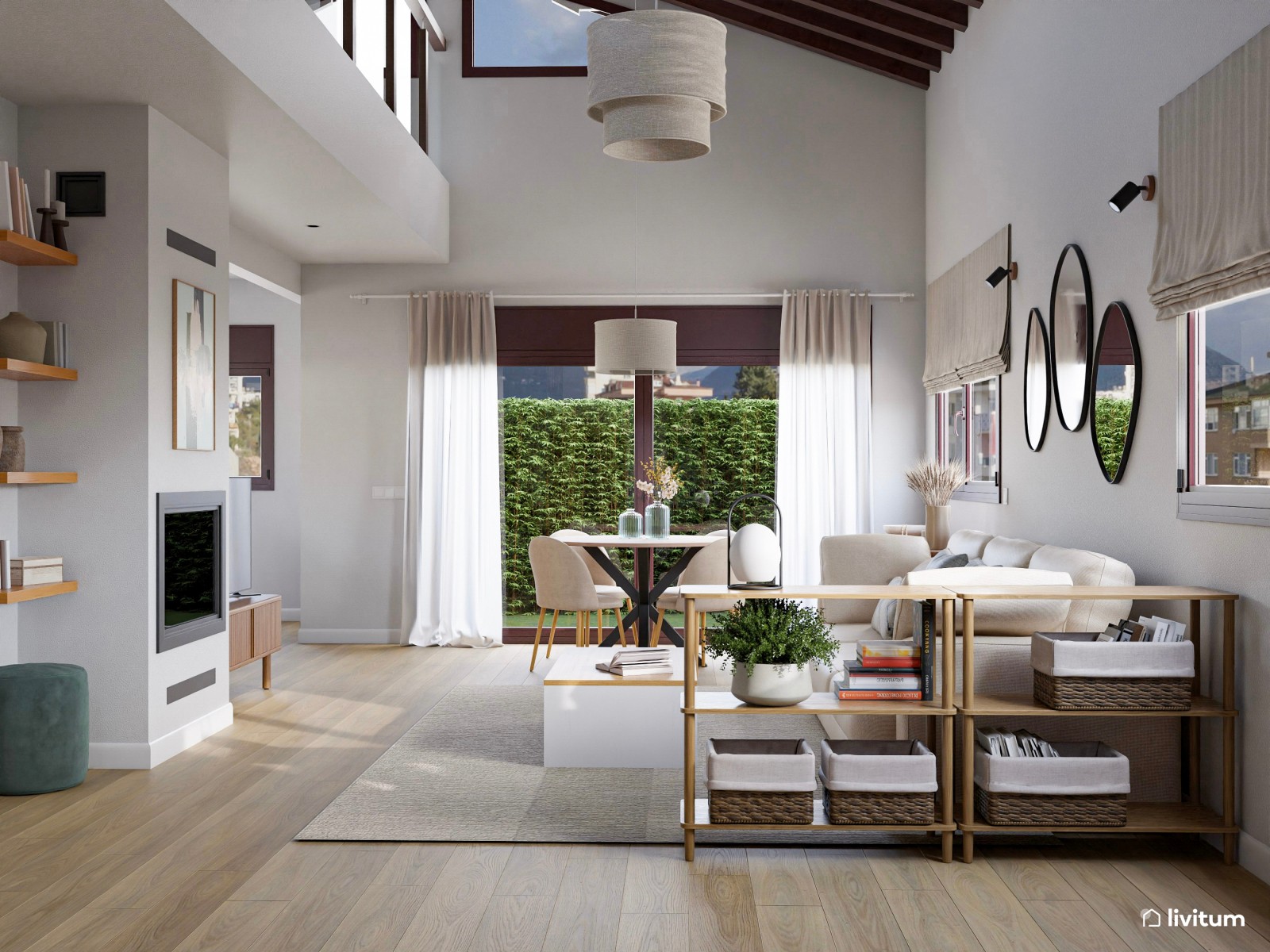 Salón comedor rústico y alargado con vistas al jardín 