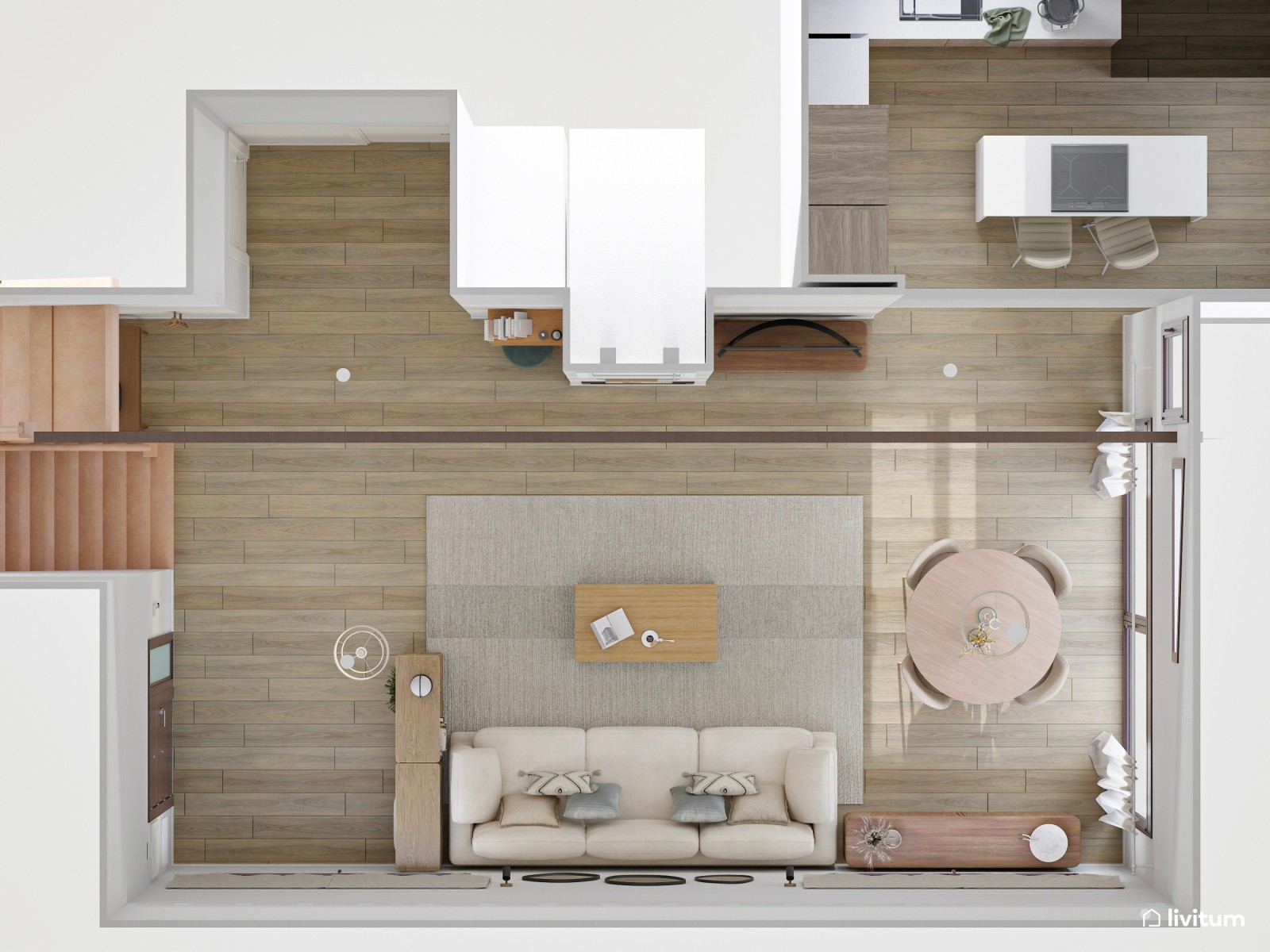 Salón comedor rústico y alargado con vistas al jardín 